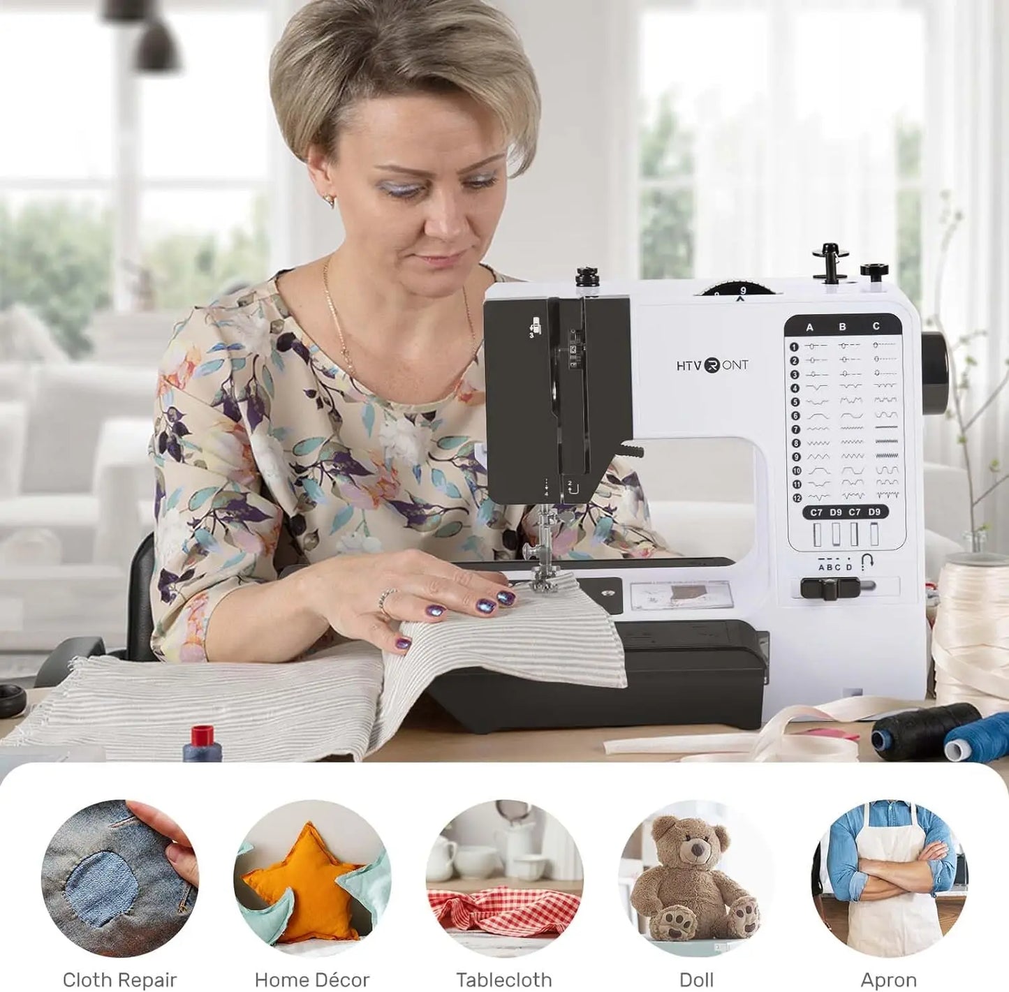 HTVRONT Portable Electric Sewing Machine 38 Stitches Pattern Light Foot Pedal