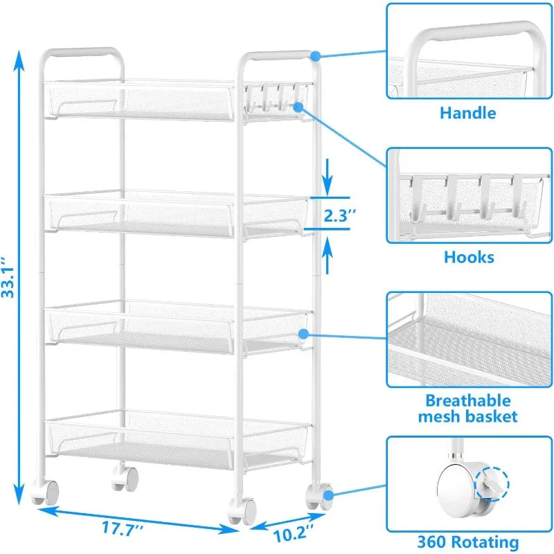 4 Tier Mesh Wire Rolling Kitchen Storage Organizer Utility Cart