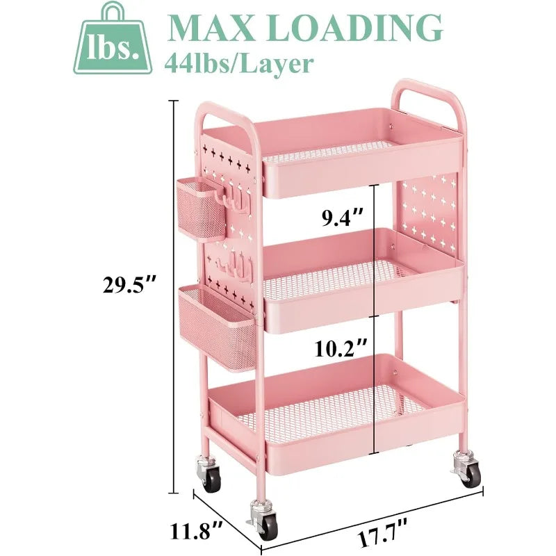 3 Tier Rolling Metal Utility Cart, Storage, Pegboards, w/Organizer