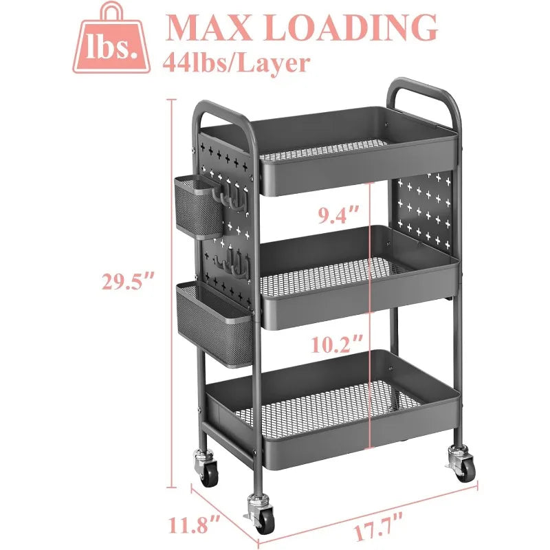 3 Tier Rolling Metal Utility Cart, Storage, Pegboards, w/Organizer