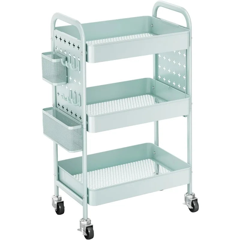 3 Tier Rolling Metal Utility Cart, Storage, Pegboards, w/Organizer