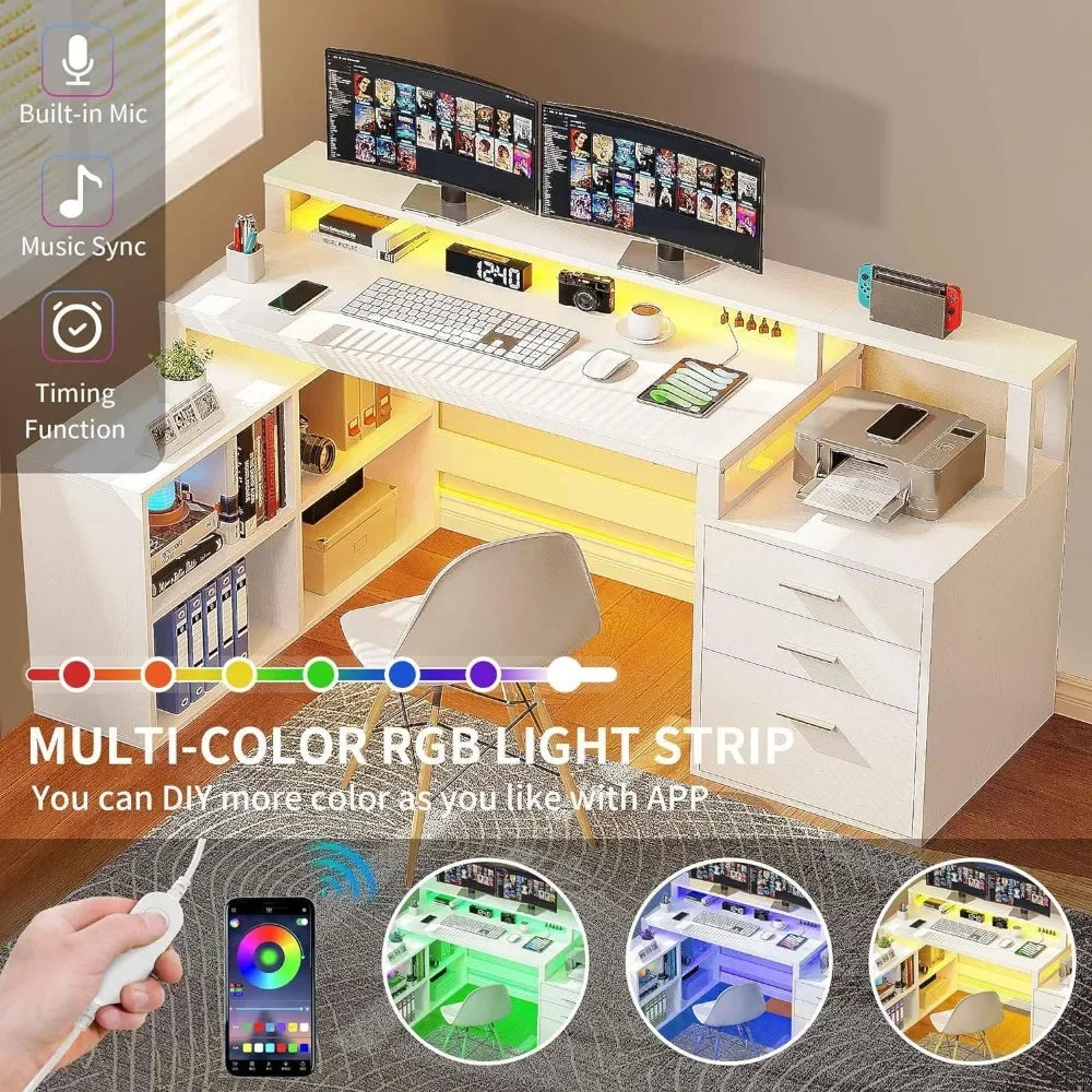 L Shaped 65" Corner Computer Desk w/3 Drawers, White