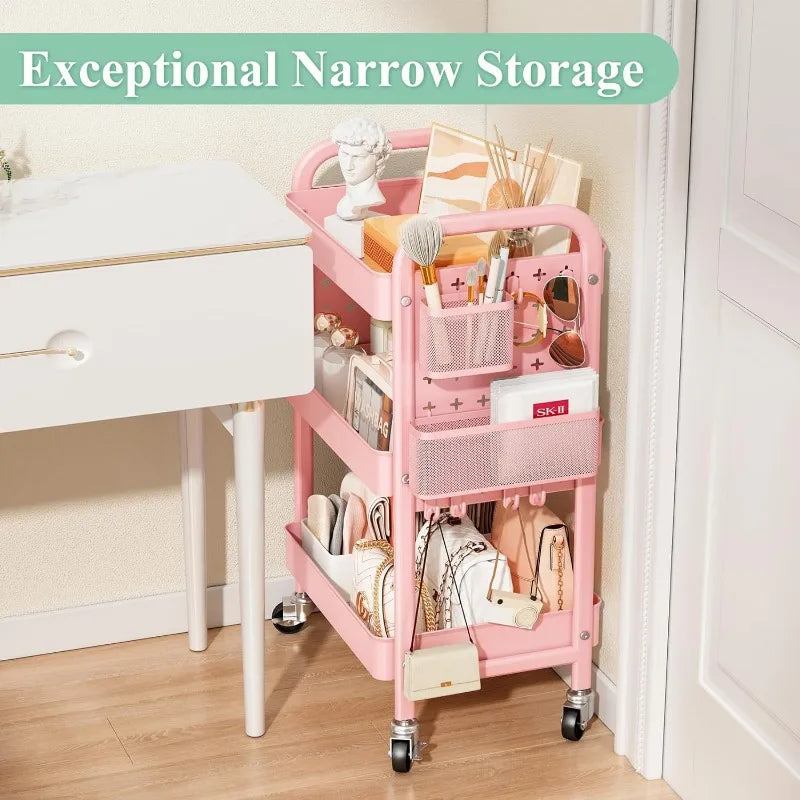 3 Tier Rolling Metal Utility Cart, Storage, Pegboards, w/Organizer