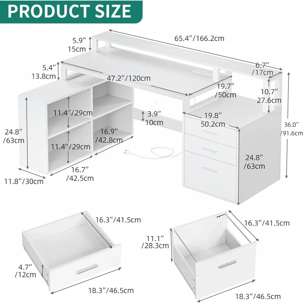 L Shaped 65" Corner Computer Desk w/3 Drawers, White