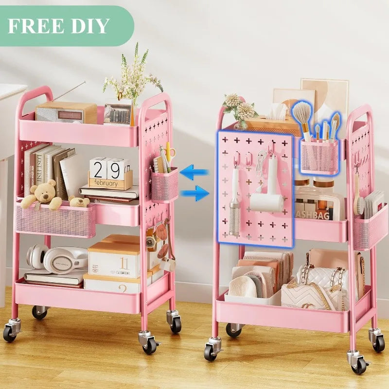 3 Tier Rolling Metal Utility Cart, Storage, Pegboards, w/Organizer