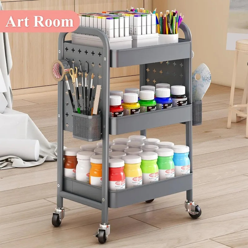 3 Tier Rolling Metal Utility Cart, Storage, Pegboards, w/Organizer
