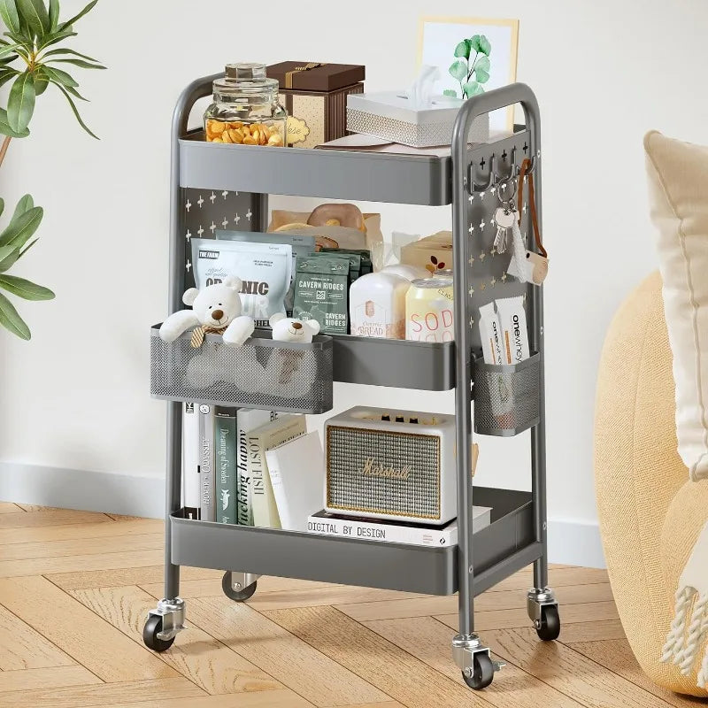 3 Tier Rolling Metal Utility Cart, Storage, Pegboards, w/Organizer