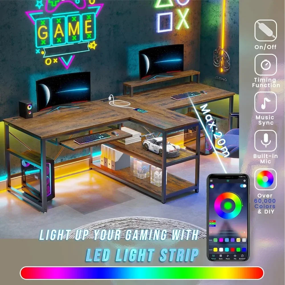 Home Office/Gaming Desk w/Storage, LED Lights, Keyboard Tray & Monitor Stand