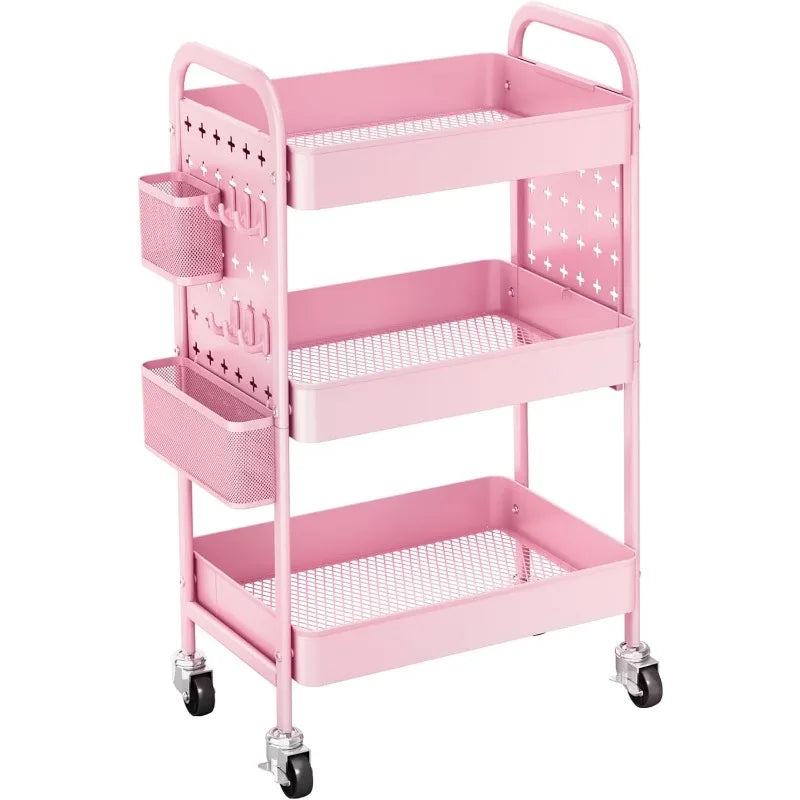 3 Tier Rolling Metal Utility Cart, Storage, Pegboards, w/Organizer