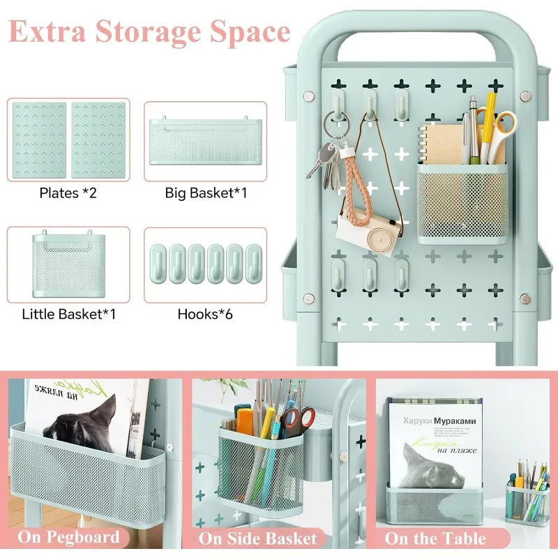 3 Tier Rolling Metal Utility Cart, Storage, Pegboards, w/Organizer