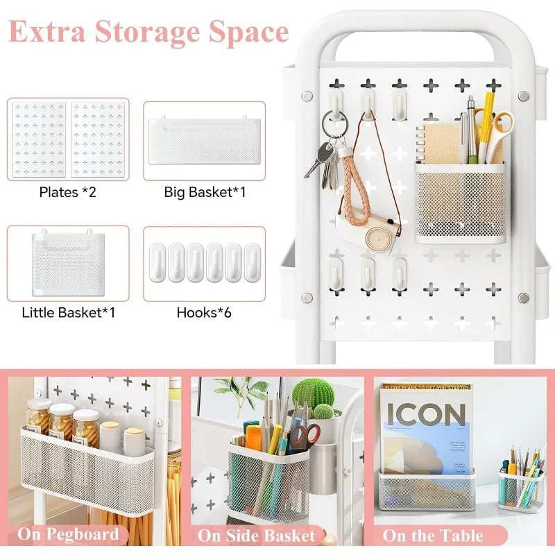 3 Tier Rolling Metal Utility Cart, Storage, Pegboards, w/Organizer
