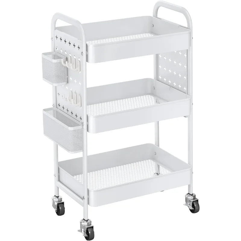 3 Tier Rolling Metal Utility Cart, Storage, Pegboards, w/Organizer