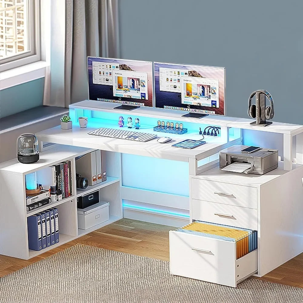 L Shaped 65" Corner Computer Desk w/3 Drawers, White