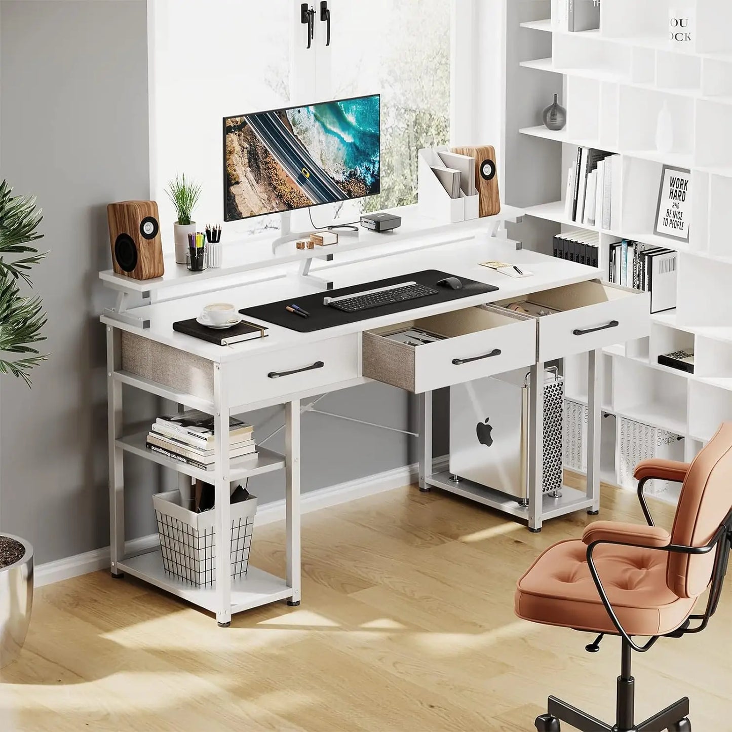 ODK Computer Desk w/Drawers, Shelves, & Monitor Stand