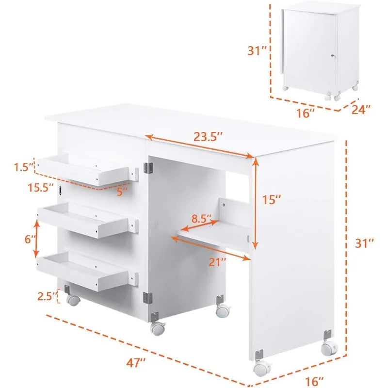 Sewing Table, Folding Sewing Cabinet w/Storage Shelves & Lockable Caster