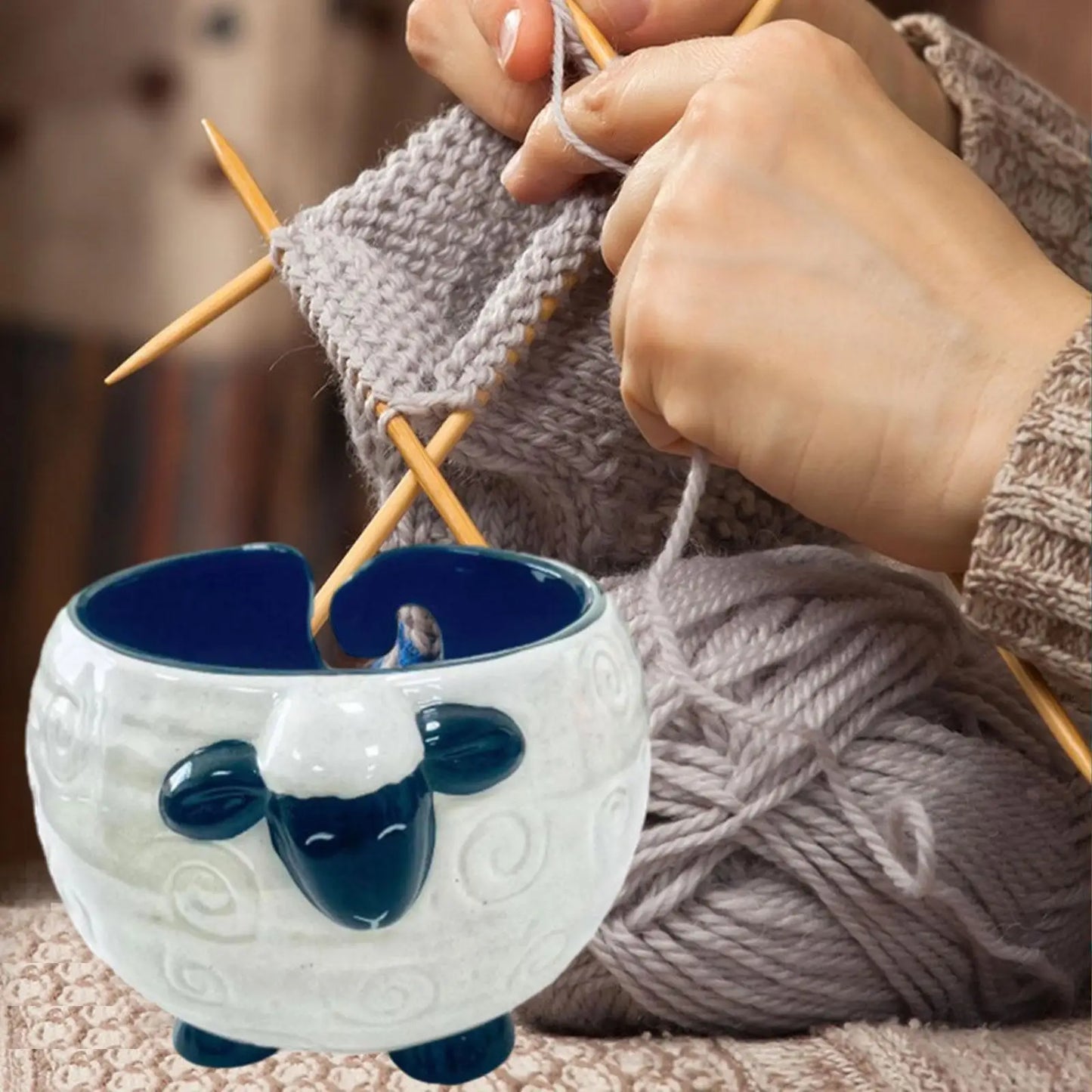 Ceramics Yarn Bowl Knitting Bowl Knitting Supplies Organizer Yarn Wool with Drills Holes Sheep Shape Accessory Yarn Holder