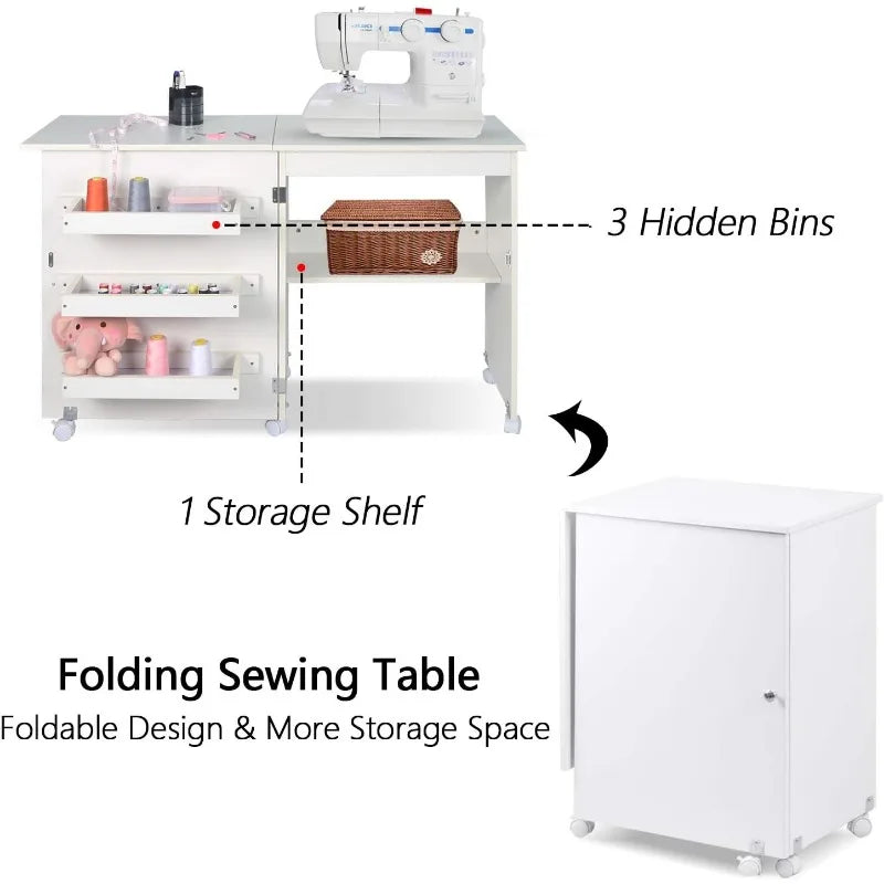 Sewing Table, Folding Sewing Cabinet w/Storage Shelves & Lockable Caster