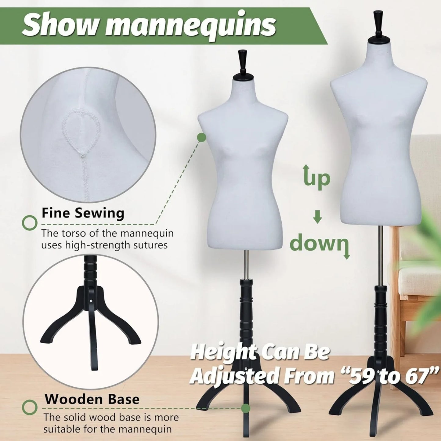 Dress Form Female Mannequin Torso w/Stand, Adjustable 59-67 in