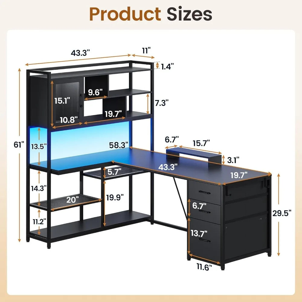 L Shaped Desk, w/3 Drawers, Bookshelf, & Storage Shelves