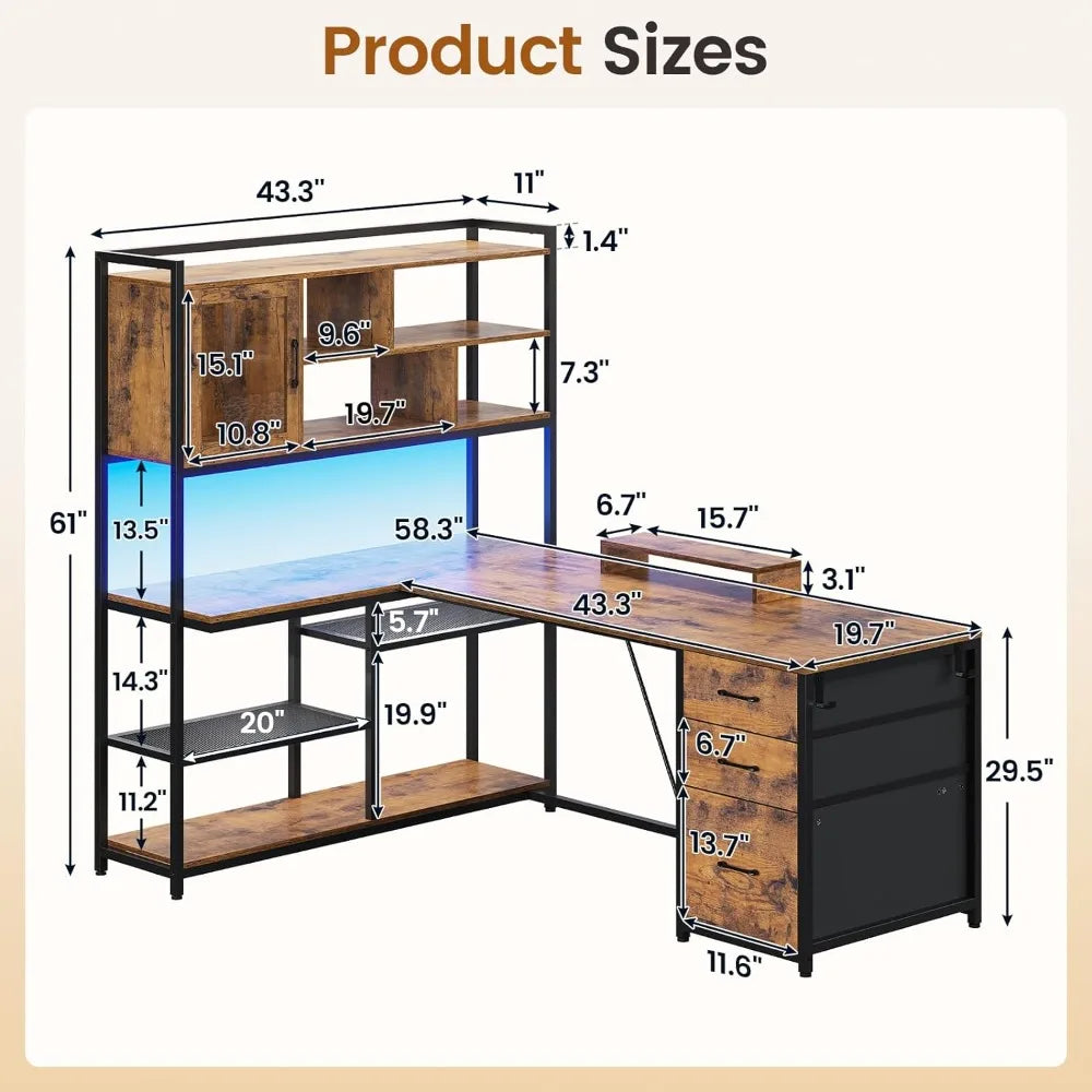 L Shaped Desk, w/3 Drawers, Bookshelf, & Storage Shelves