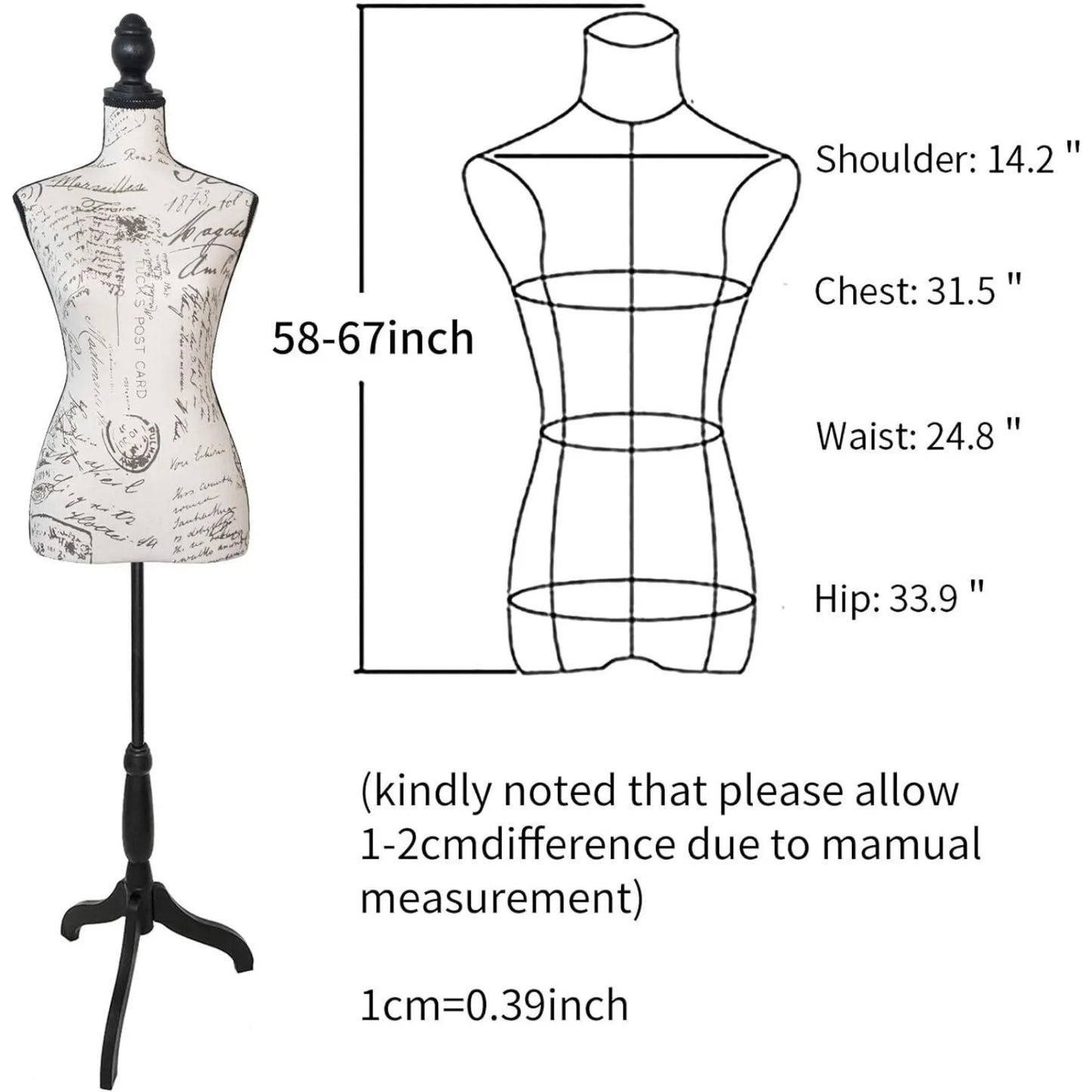 US Female Dress Form Pinnable Mannequin Body Torso with Tripod Base Stand Postmark Adjustable Mannequin with Stand