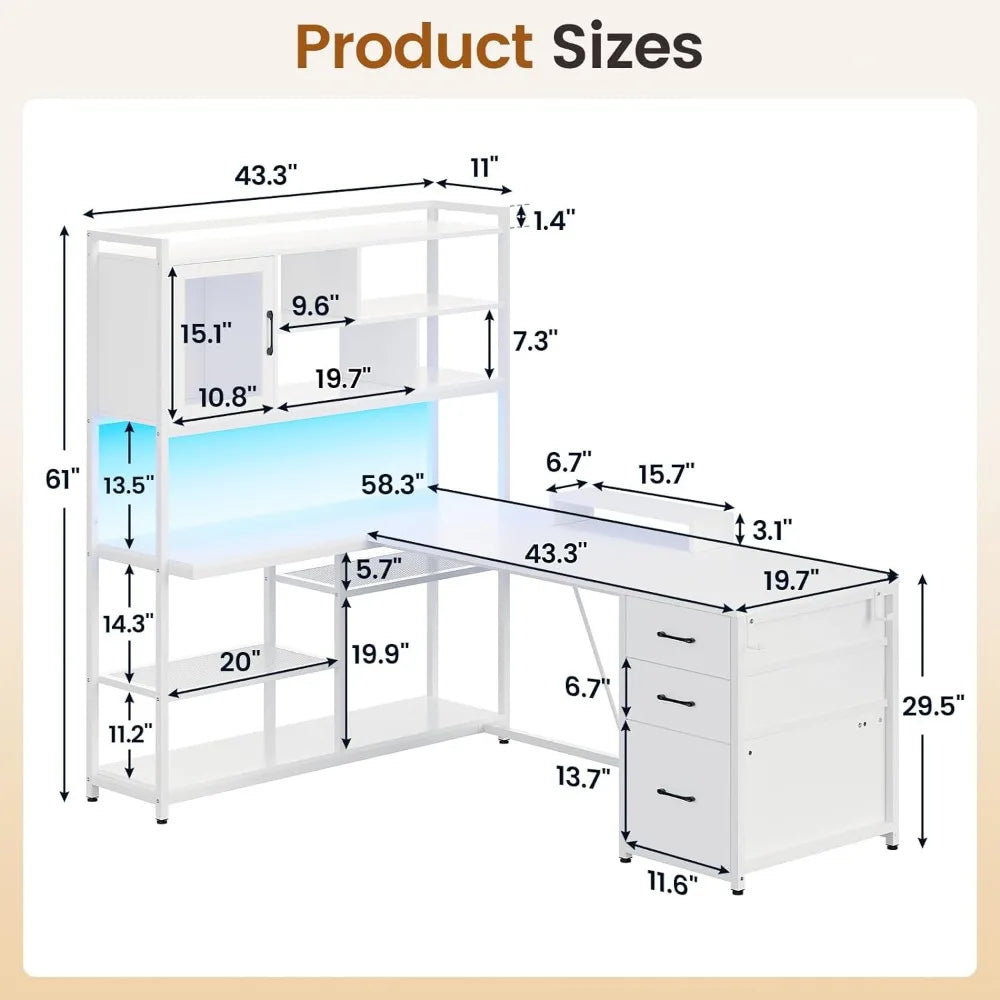 L Shaped Desk, w/3 Drawers, Bookshelf, & Storage Shelves