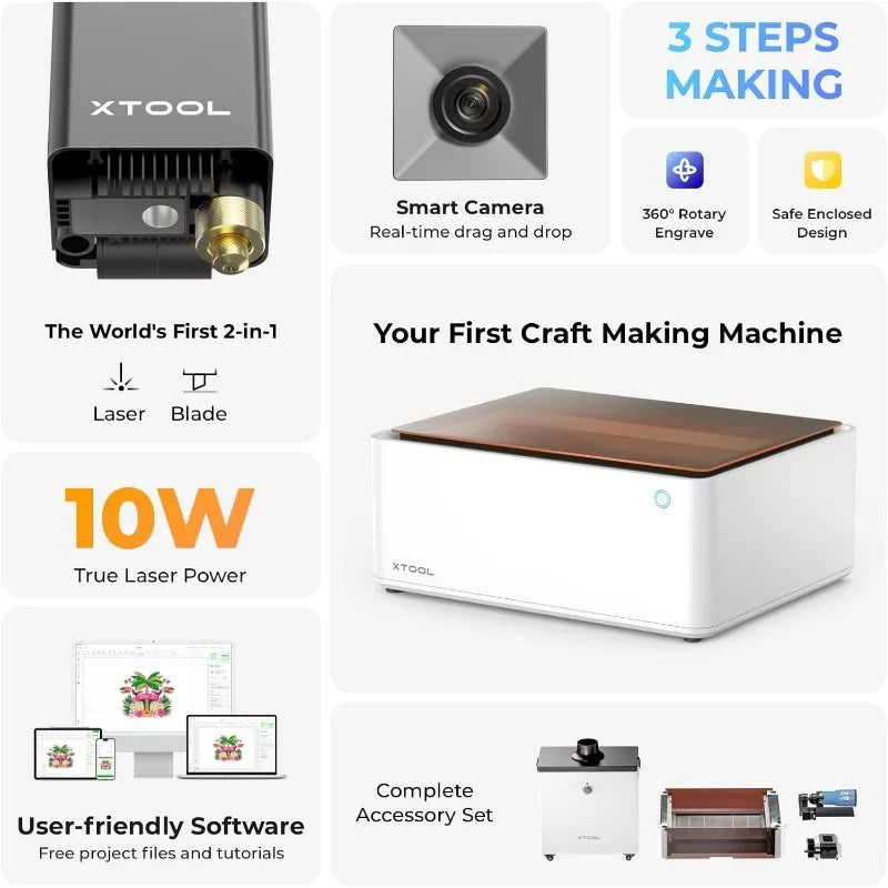 Laser Engraver, 3-in-1 Laser Engraving, Laser Cutting, Blade Cutting, Beginner-friendly, No Assembly Required, Smart Camera