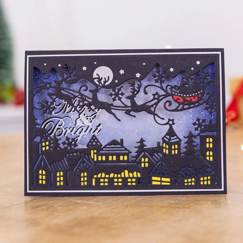 Reindeer Sled Cottage Night View Metal Cutting Dies Set for Scrapbooking Card Making