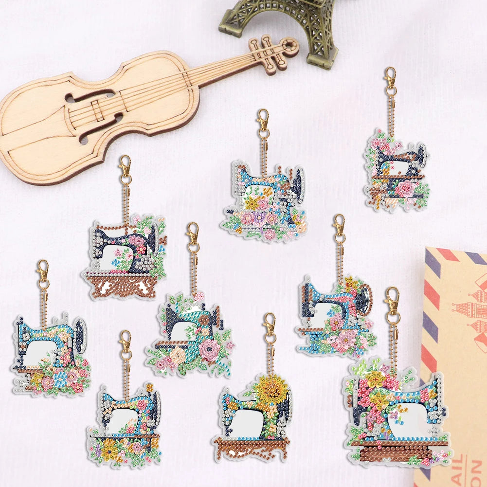 Nine Diamond Painting Keychains 9r Pendant Sewing Machine Double Sided Diamond Art Decor Special Shape Rhinestone Painting Pendant