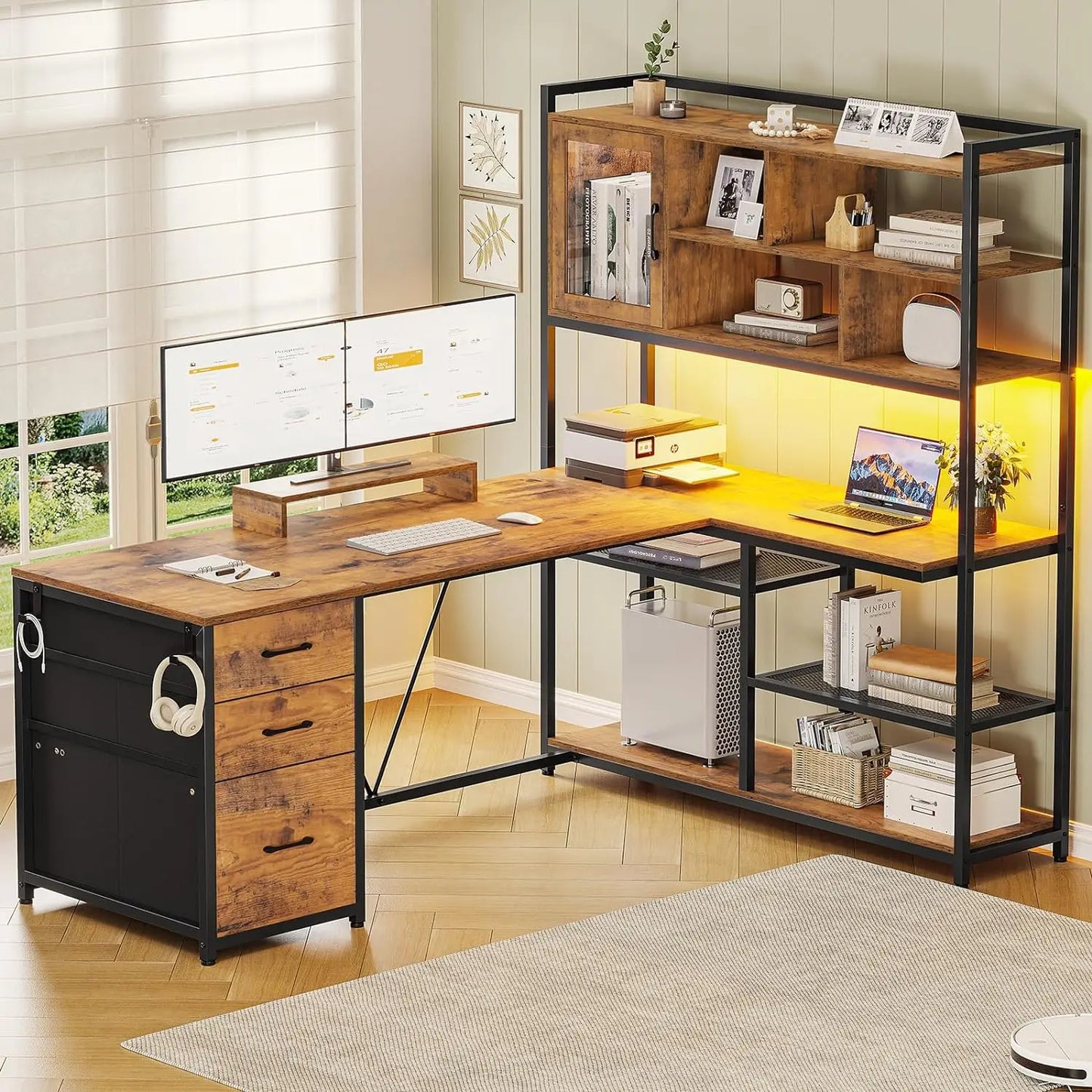 L Shaped Desk, w/3 Drawers, Bookshelf, & Storage Shelves