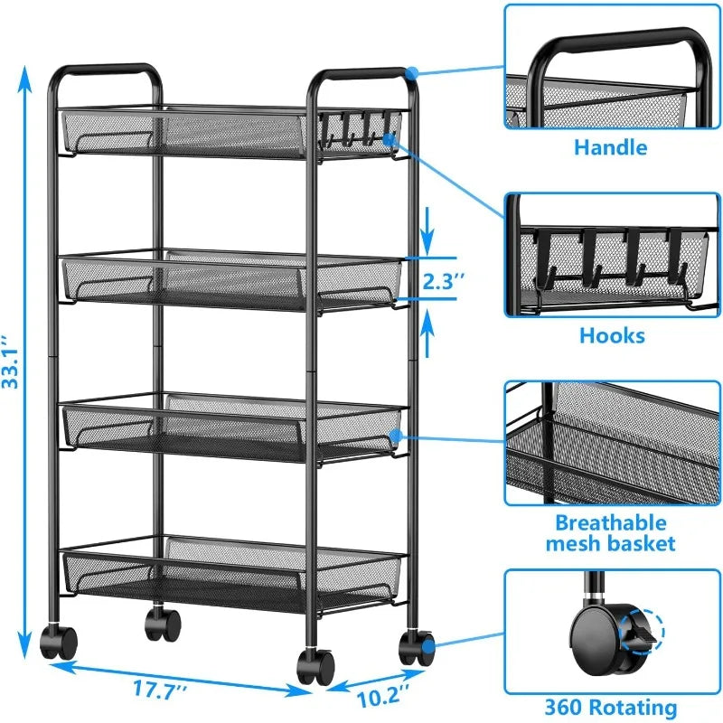 4 Tier Mesh Wire Rolling Kitchen Storage Organizer Utility Cart