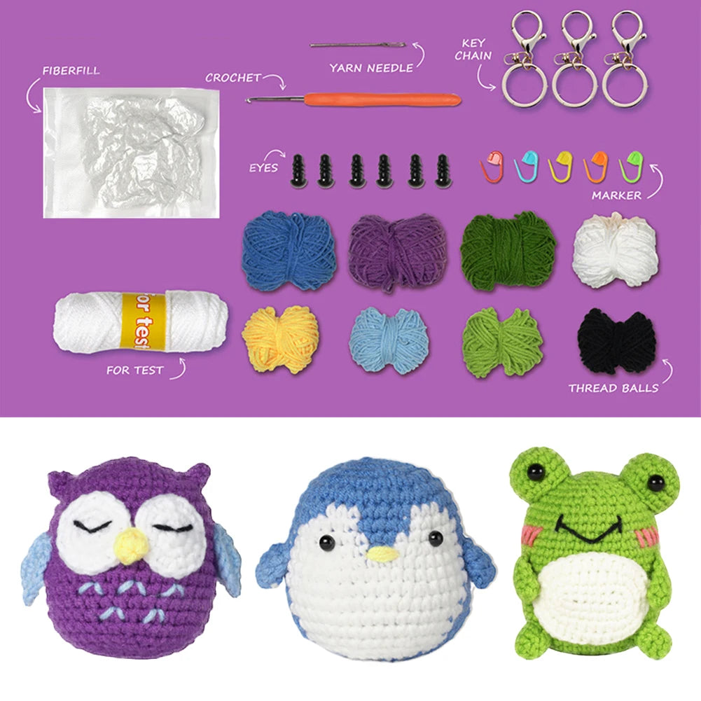 3 DIY Crochet Animal Kits W/Hand Knitting Yarn Needles Plush Doll Easy