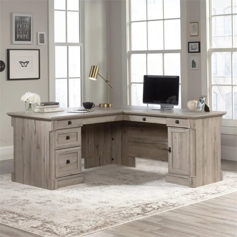 Office Desks L-Shaped Desk, L: 68.74" x W: 65.12" x H: 29.61", Split Oak finish Office Desks